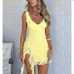 White Fox Boutique Yellow Asymmetrical Ruffled Mini Dress